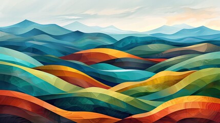 panoramic vista of rolling hills and valleys rendered in abstract geometric shapes and colors - obrazy, fototapety, plakaty