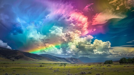 A mesmerizing display of colors unfolds as the dreamy clouds part to reveal a breathtaking rainbow. Its magical presence creates a . . - obrazy, fototapety, plakaty
