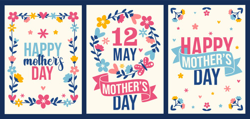 Happy Mother's Day! Set of bright posters with greeting messages and flowers. Colorful vector. Happy celebration layouts. Spring flower arrangements, templates for a card, vertical banners