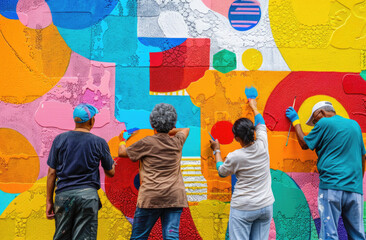 Elderly people and children painting colorful murals on city walls, promoting community engagement...