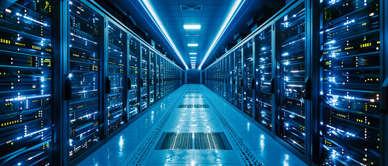 Datacenter Security and Connectivity, Server Rack in Blue, Modern Technology and Networking Infrastructure