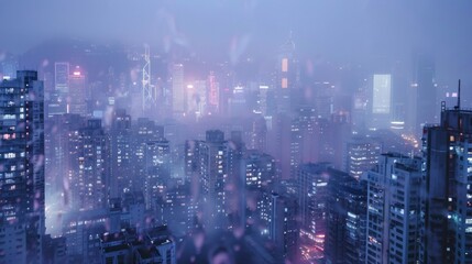 The city skyline in the misty aftermath of a rainstorm the lights of the city reflected in the slick streets below. A sense of anticipation . .