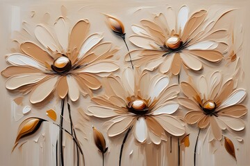 Oil painting of flowers with beige colors, Palette knife strokes, Spring vibes