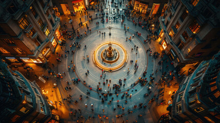 A captivating aerial view of a bustling city square