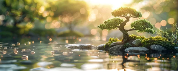 Wandcirkels aluminium Acupuncture, Aromatherapy oils, Zen garden with a tranquil pond and bonsai trees Realistic image with soft sunlight, Depth of field bokeh effect © nateetorn