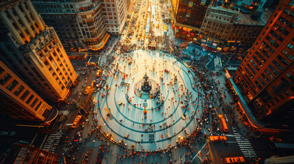 A captivating aerial view of a bustling city square