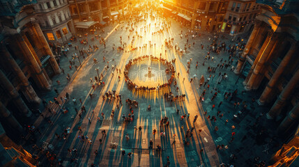 A captivating aerial view of a bustling city square - obrazy, fototapety, plakaty