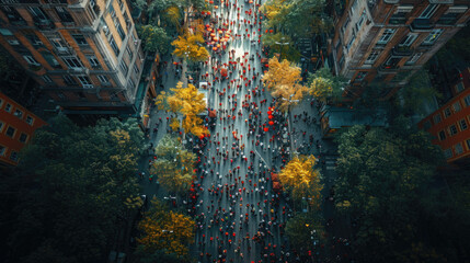 A captivating aerial view of a bustling city square - obrazy, fototapety, plakaty