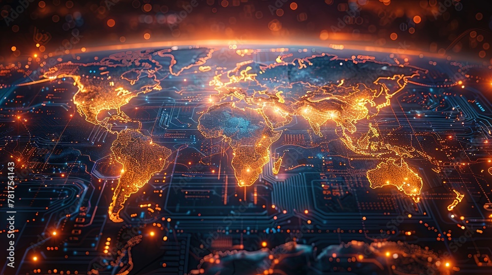 Wall mural the illuminated digital map of the world is engraved on a dark printed circuit board. innovative pc.