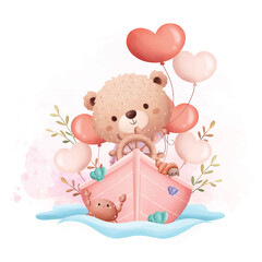 Watercolor Illustration Cute Bear in Little Ship with Heart Shape Balloons