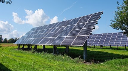solar panel installation in a green field, symbolizing clean energy and environmental sustainability