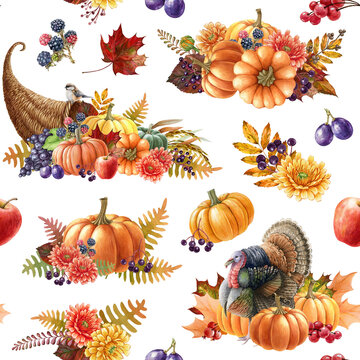 Thanksgiving decor elements seamless pattern. Watercolor illustration. Autumn floral festive decor from cornucopia, pumpkin, turkey, fallen leaves, fruit. Thanksgiving hand painted seamless pattern