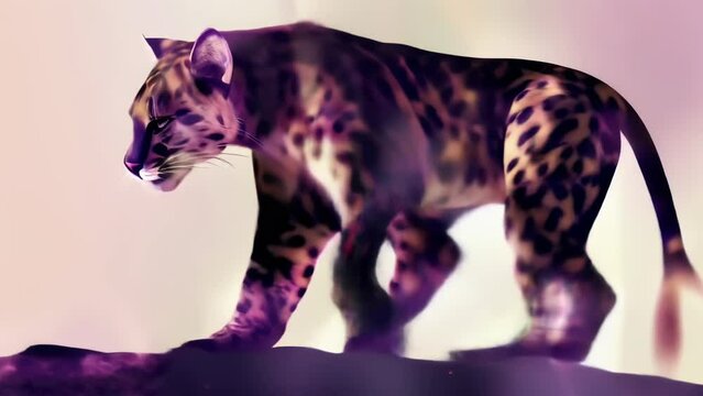 An ocelot with geometric patterns scattered across its body is depicted against a purple background. 