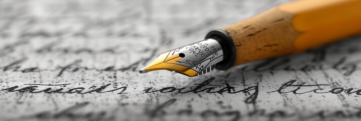A pen is on a piece of paper with writing - obrazy, fototapety, plakaty