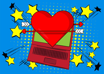 Cartoon Laptop, comic book Notebook with Heart, Valentine's Day Symbol. Retro vector comics pop art design.