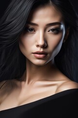 retrato de uma modelo, mulher, traços orientais, roupa preta e fundo preto.