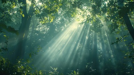 Abstract beams of light shining through a dense forest canopy
