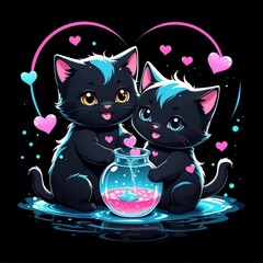 Logo vector Valentine's Day theme of Visualization of kawaii very cute a baby couple cat loved, style illustration, water, black background for the t-shirt, full-view, vivid mixing a bioluminescent