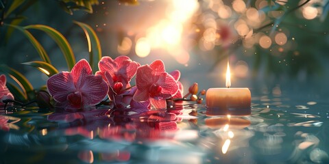 Candle is lit on a rock next to a pond with pink flowers. The scene is serene and peaceful, with the candlelight reflecting on the water
