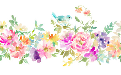 Seamless watercolor pattern of abstract blue birds and flowers, watercolor floral pattern with transparent background