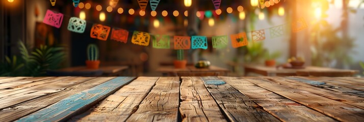 Festive mock-up empty wooden table decorated for Cinco de Mayo celebrations, with vibrant colors, traditional Mexican motifs - obrazy, fototapety, plakaty