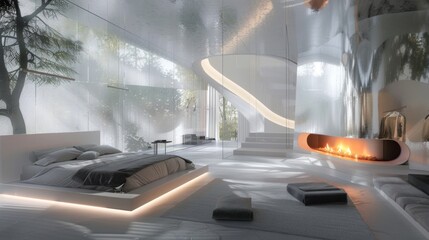 In the master bedroom the smart glass walls transform into a floorlength mirror with just a swipe creating a futuristic and interactive feature. The room also includes a builtin holographic .