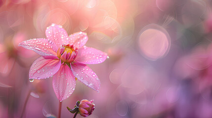 Pink flowers with dazzling dew, beautiful, soft light, pink flowers in the morning