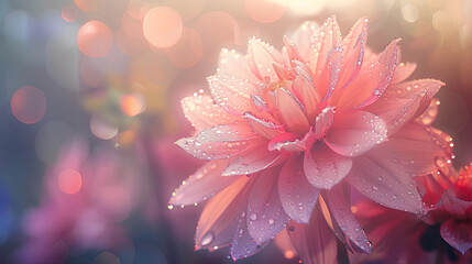 Pink flowers with dazzling dew, beautiful, soft light, pink flowers in the garden