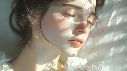 Portrait of a young woman Close your eyes and focus on your emotions. Warm natural light, realistic images