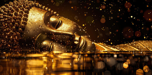 golden Buddha face sleeping on black background with glitter and stars - obrazy, fototapety, plakaty