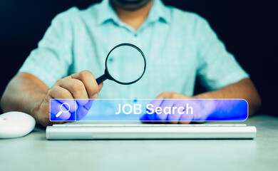 Man holding magnifying glass with job search in search bar, business plan strategic hiring and HR concept recruit in organization. Data search technology search engine optimization. HRM concept