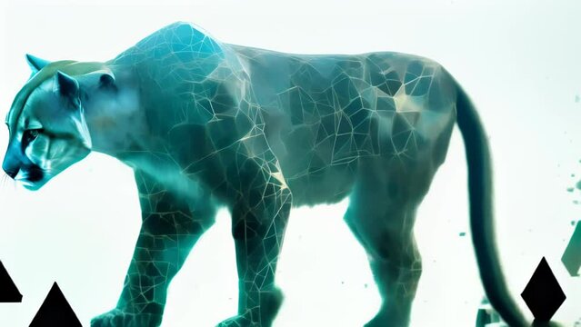 An ocelot, glowing emerald green, is depicted walking in a white background. This piece has a mystical and fantastical atmosphere.
