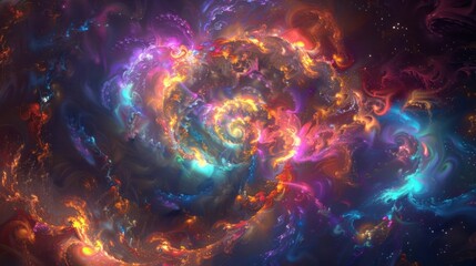 The darkness is awakened by luminous spirals and vibrant swirls of glowing particles each one bursting with its own unique color.