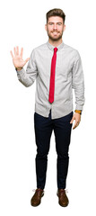 Young handsome business man showing and pointing up with fingers number five while smiling confident and happy.