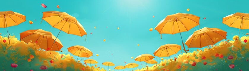 Capture the sleek lines and modern design of umbrellas against a vibrant blue sky in a photorealistic digital rendering, showcasing intricate shadows and reflections