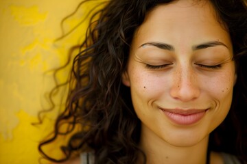 Close-Up of Content Woman Smiling with Eyes Closed, Vibrant Yellow Background Enhancing Warm and Positive Mood