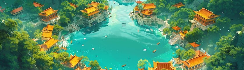 Illustrate a fantastical duck kingdom in intricate detail, seen from above, with majestic architecture and lush landscapes using digital rendering techniques that bring out every vibrant color and tex - obrazy, fototapety, plakaty