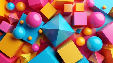 3D Geometric Shapes: A vibrant composition of colorful cube, pyramid, and sphere