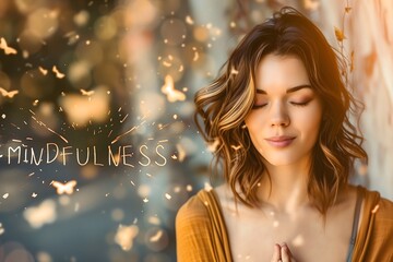 Mindfulness Concept Portrait: Serene Young Woman with Closed Eyes Enjoying Peace, Floating Lights Magical Ambiance
