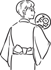 夏　浴衣　男性　花火　お祭り　手描き　和装　シンプル　スタイリッシュ　イラスト素材　線画