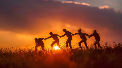 group of people at sunset in field Silhouette of a group of people climbing a mountain at sunset teamwork together over sunset background