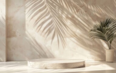A beige wall with a marble pedestal and palm leaf shadow