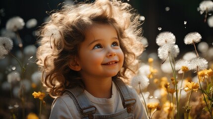 baby girl sitting in a field of dandelions at summer.
