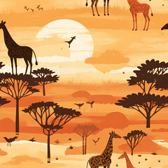 Fototapeta na wymiar African Savannah Sunset, Warm Orange Hues, Silhouetted Wildlife Scenery