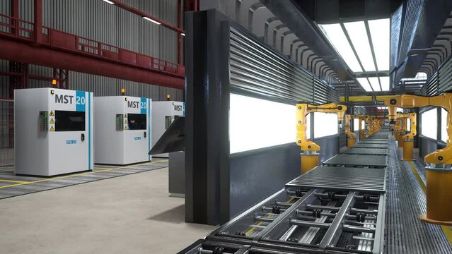 Industrial robot arms working on assembly line in factory next to computerized machines, 3D render. Heavy machinery units being used on conveyor belts in automated warehouse with hardware equipment