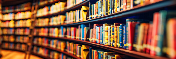Diverse Collection of Books on Library Shelves, Highlighting the Importance of Knowledge, Education, and the Variety of Literature Available - obrazy, fototapety, plakaty