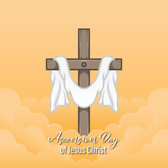 Vector design of Ascension of Jesus Christ with cross and robe on clouds in square composition