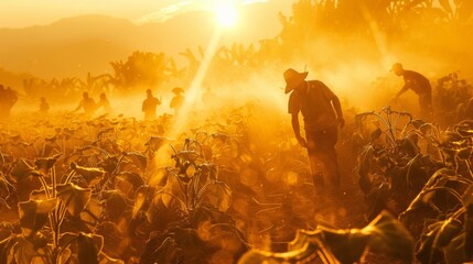 A diverse team of workers in a field harvesting crops used for biofuel production under the golden glow of the sun. . - obrazy, fototapety, plakaty