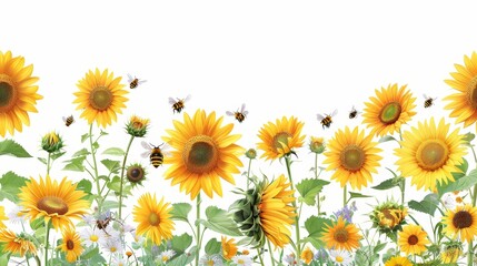 Seasonal Borders: A vector illustration of a border with sunflowers and bees
