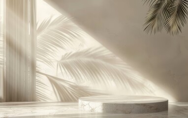 A beige wall with a marble pedestal and palm leaf shadow
